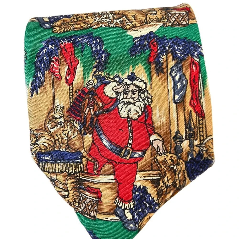 90s VTG Robert Talbott Christmas‎ Tie Santa Cats Dogs 100% Silk Hand Printed